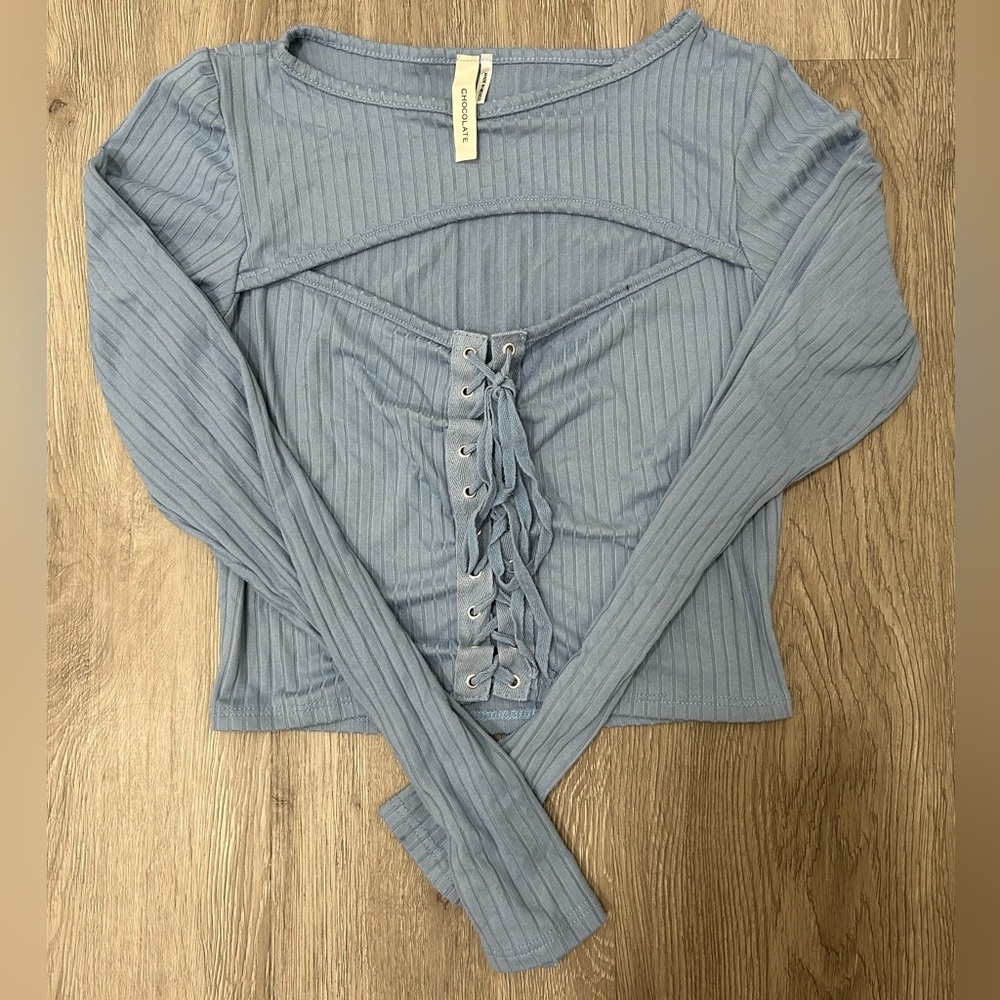 SHEIN Dusty Blue Lace-Up Ribbed Blouse